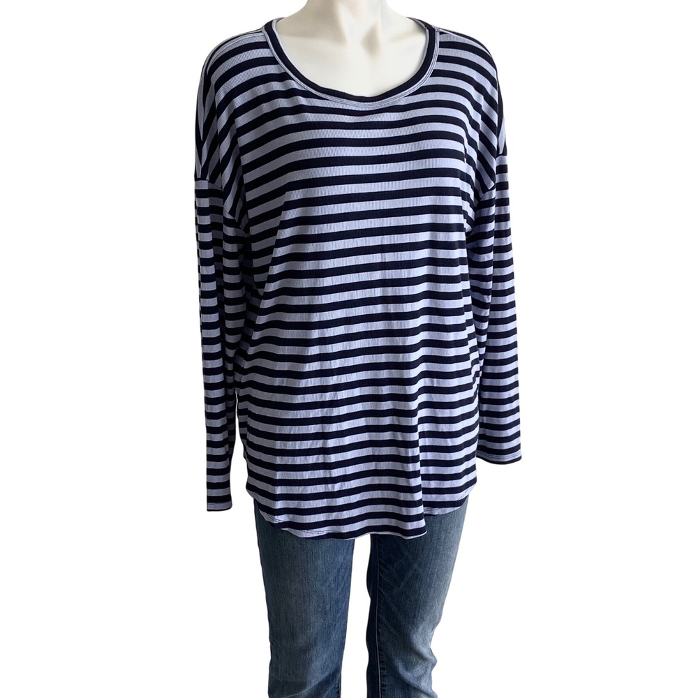 Lou & Grey Striped Ribbed Knit Long Sleeve Top Navy Purple XL